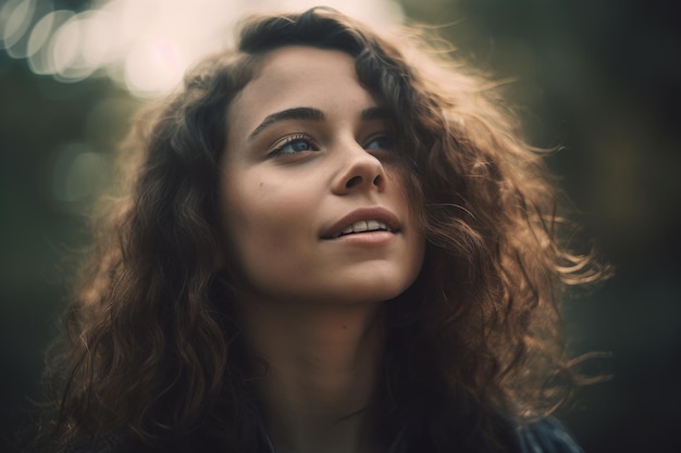 Uma mulher com cabelo castanho encaracolado olha para cima e o céu está brilhando.