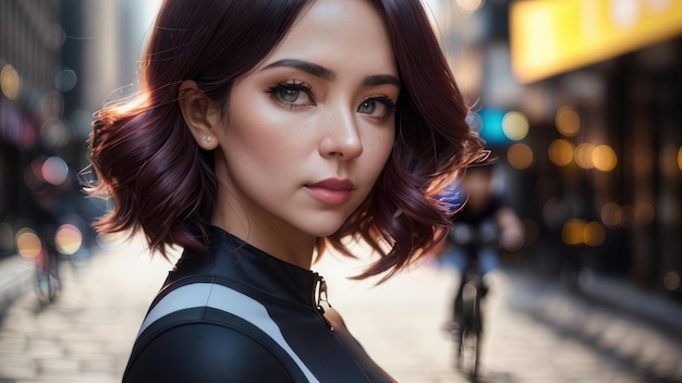 Uma mulher com cabelo castanho escuro e blusa preta está parada na rua.