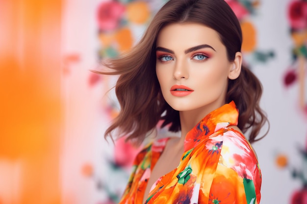 Uma mulher com cabelo castanho vestindo uma camisa laranja com um padrão de flores