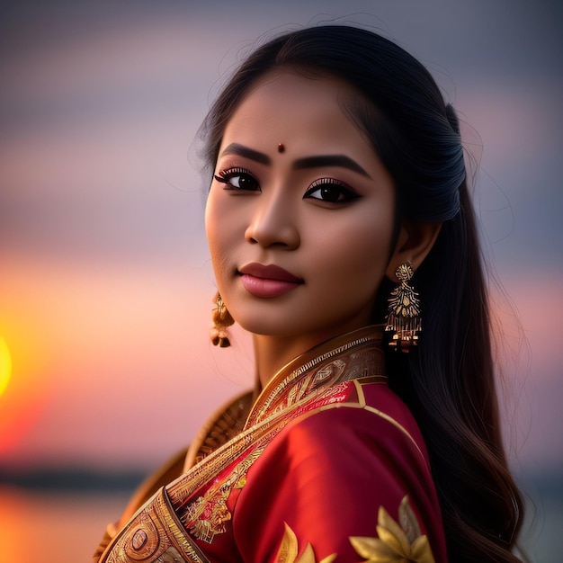 Uma mulher com cabelo comprido e blusa vermelha está parada em frente a um pôr do sol.