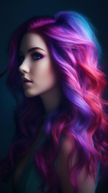 Uma mulher com cabelo comprido e cabelo roxo e rosa