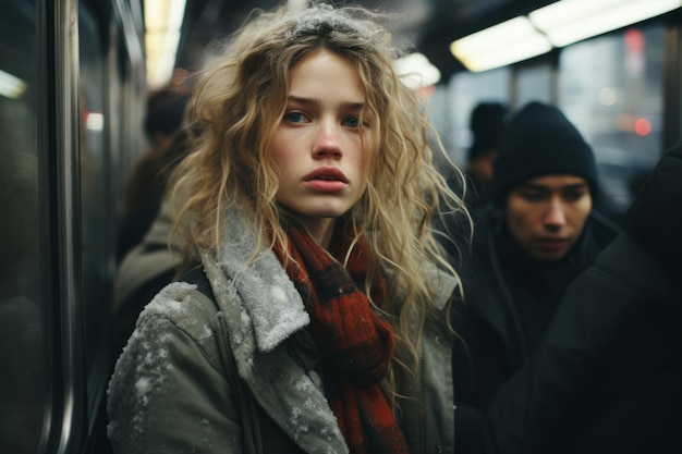 uma mulher com cabelo comprido em um trem do metrô