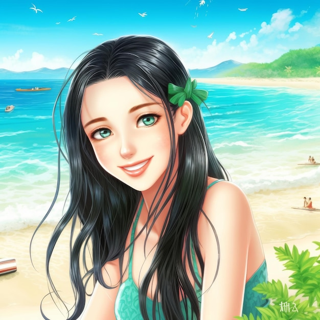 Uma mulher com cabelo comprido está em uma praia com uma cena de praia ao fundo
