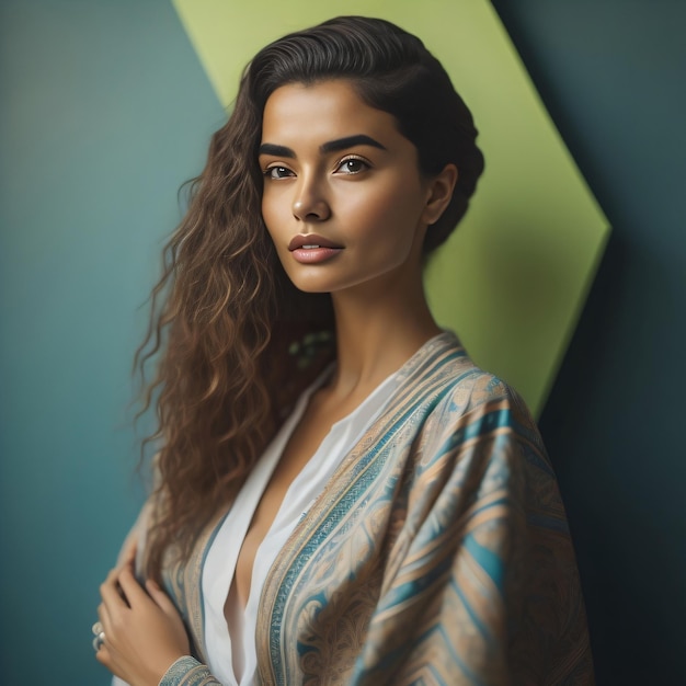 Uma mulher com cabelo comprido está na frente de um diamante verde.