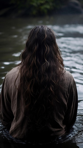 Uma mulher com cabelo comprido fica na água