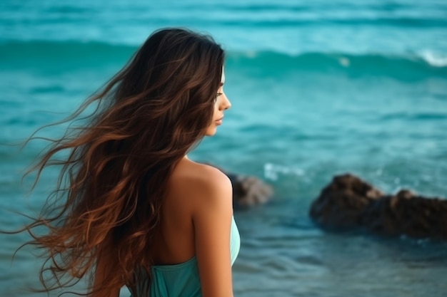Uma mulher com cabelo comprido olha para o mar