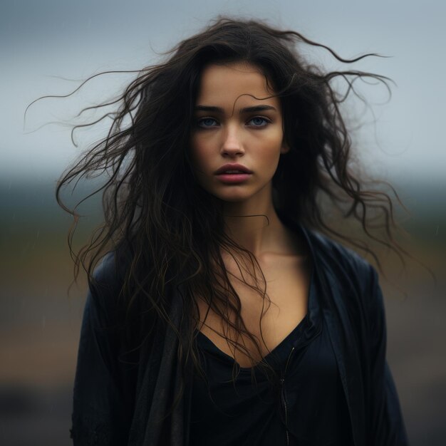 uma mulher com cabelo comprido parada na chuva