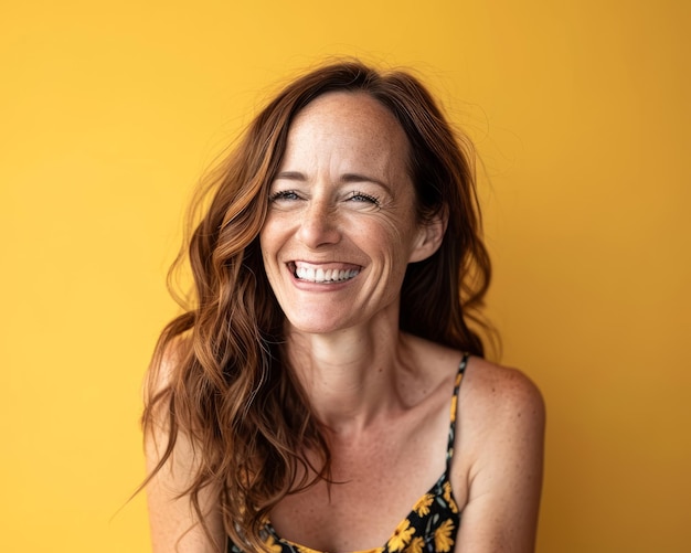 Uma mulher com cabelo comprido sorrindo na frente de um fundo amarelo