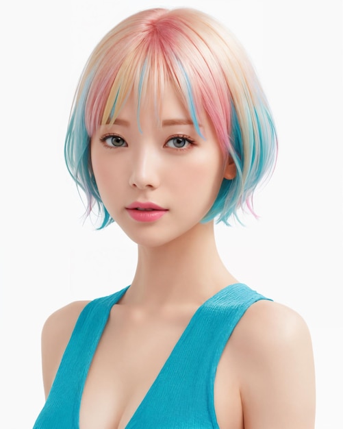 Uma mulher com cabelo curto com cabelo azul e rosa.