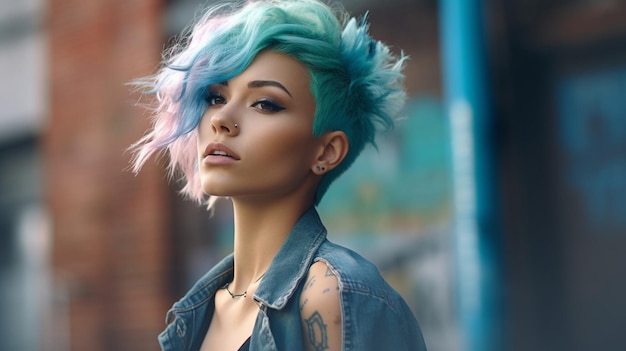 Uma mulher com cabelo curto e um corte de cabelo azul e rosa