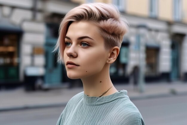 Uma mulher com cabelo curto e um corte pixie curto