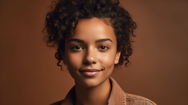 Uma mulher com cabelo curto encaracolado e uma jaqueta marrom fica na frente de um fundo marrom.