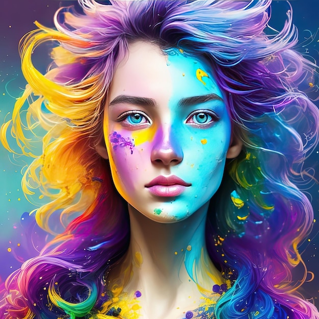 Uma mulher com cabelo de arco-íris e rosto de arco-íris.