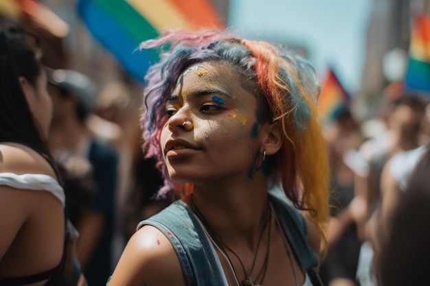 Uma mulher com cabelo de arco-íris está no meio da multidão.