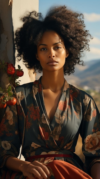 uma mulher com cabelo encaracolado e um roupão floral