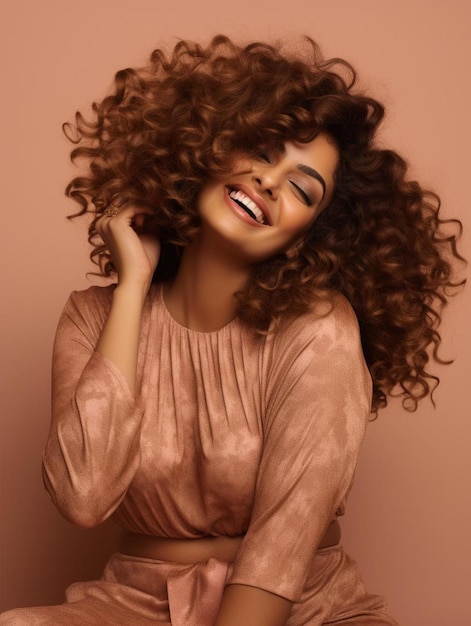 Foto uma mulher com cabelo encaracolado e um vestido rosa está sorrindo