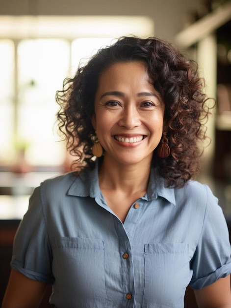 Foto uma mulher com cabelo encaracolado e uma camisa azul está sorrindo