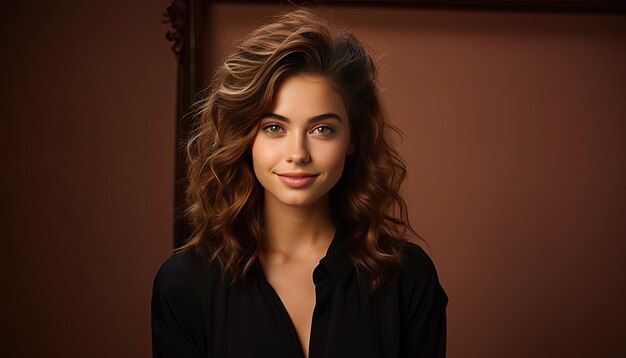 Foto uma mulher com cabelo encaracolado e uma camisa preta