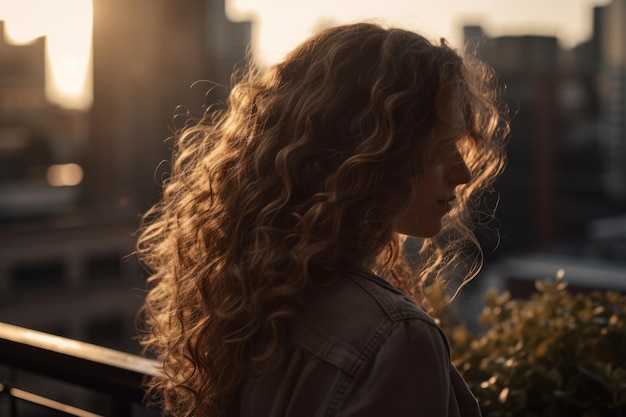 Uma mulher com cabelo encaracolado está em frente a uma paisagem urbana.