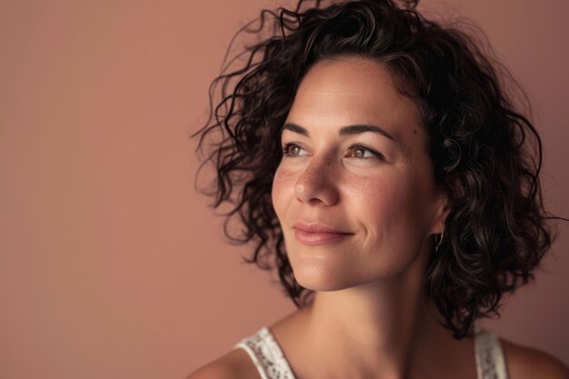 Uma mulher com cabelo encaracolado olhando para o lado