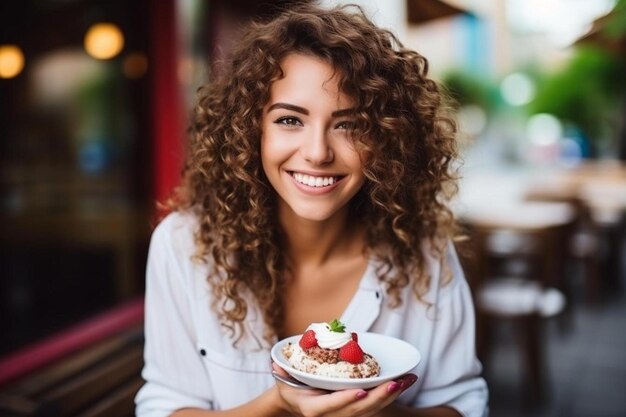 Foto uma mulher com cabelo encaracolado segurando um prato de comida