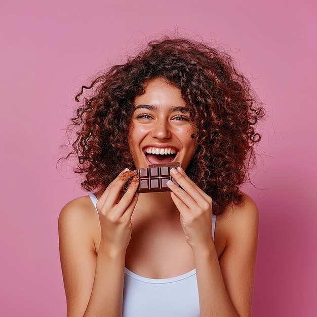 Foto uma mulher com cabelo encaracolado segurando uma barra de chocolate