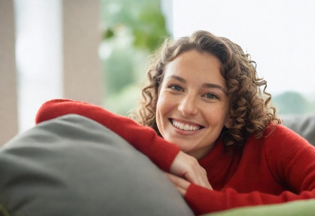 Foto uma mulher com cabelo encaracolado senta-se num sofá