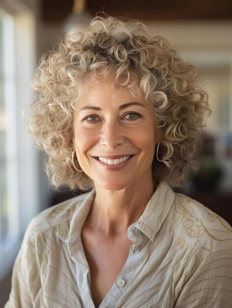 Foto uma mulher com cabelo encaracolado sorrindo e vestindo uma camisa