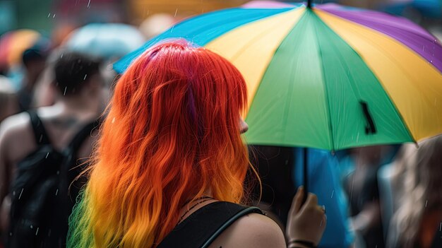 Uma mulher com cabelo laranja brilhante segurando um guarda-chuva de arco-íris