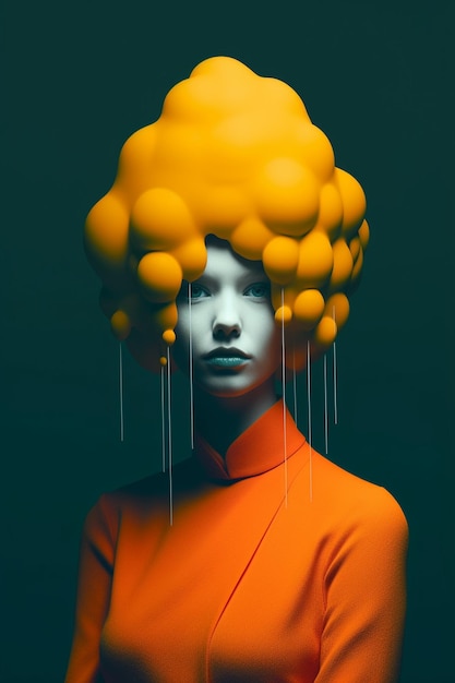 Uma mulher com cabelo laranja e cabelo laranja com a palavra na cabeça