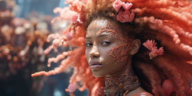 uma mulher com cabelo laranja e flores no rosto