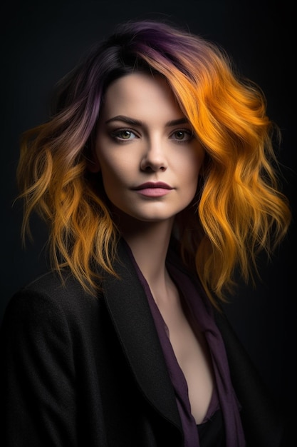 Uma mulher com cabelo laranja e roxo e uma jaqueta preta