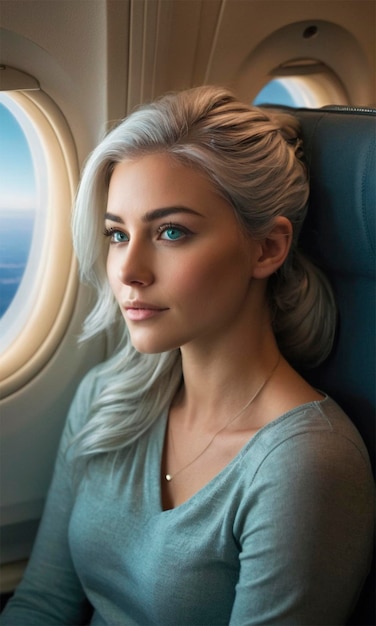 Foto uma mulher com cabelo loiro e olhos azuis olha pela janela de um avião