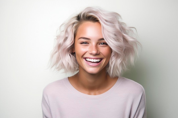 Uma mulher com cabelo loiro e um suéter rosa