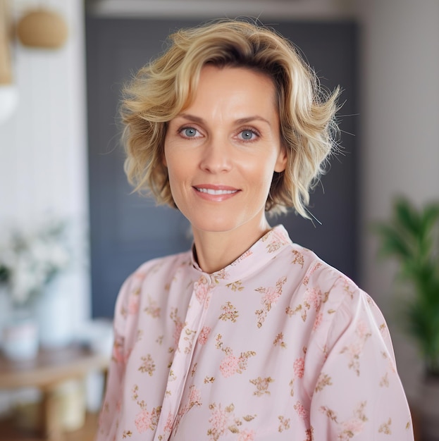 Uma mulher com cabelo loiro e uma camisa rosa