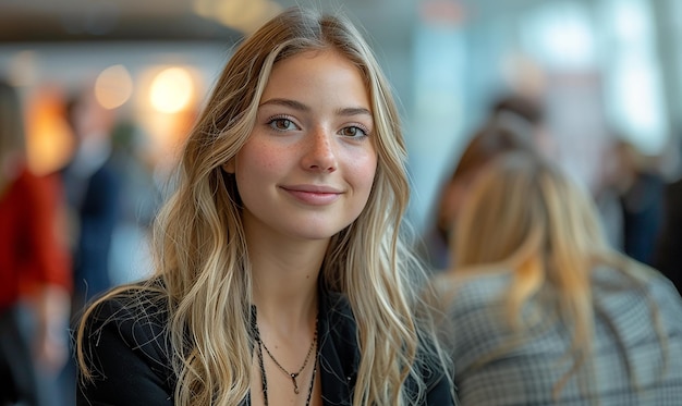 uma mulher com cabelo loiro e uma jaqueta preta