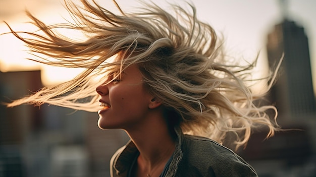 Uma mulher com cabelo loiro está soprando ao vento.