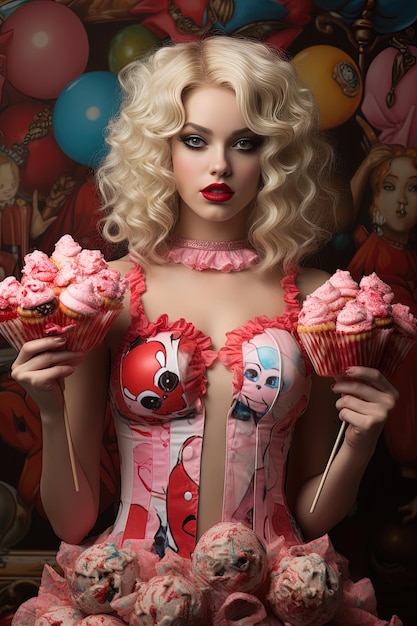 uma mulher com cabelo loiro segurando cupcakes com rosas rosas