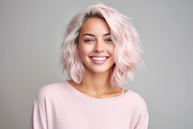 Uma mulher com cabelo loiro vestindo um suéter rosa