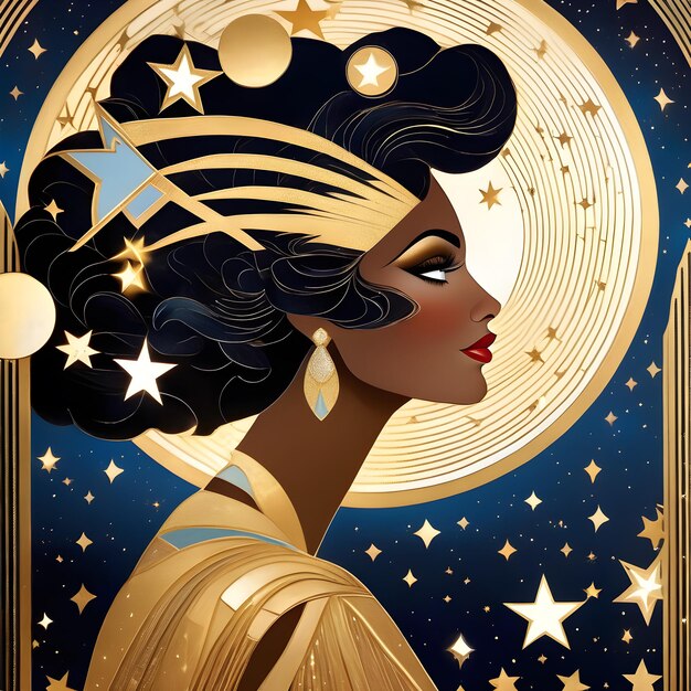 uma mulher com cabelo longo e um arco de ouro está de pé na frente de uma lua cheia