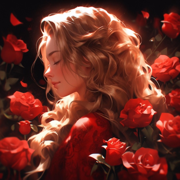 Uma mulher com cabelo longo e um vestido vermelho está cercada de rosas.