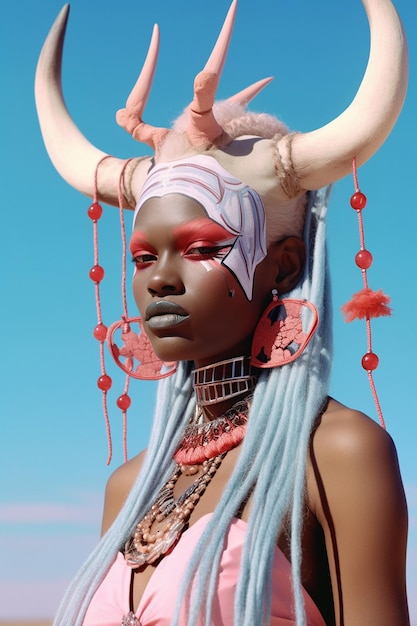 uma mulher com cabelo longo e uma faixa na cabeça está usando um tocado.