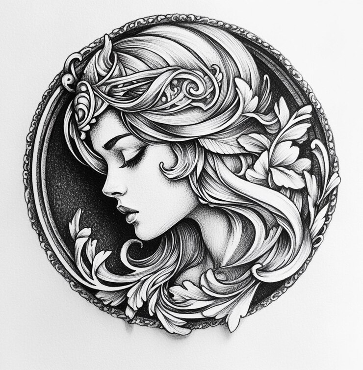 Foto uma mulher com cabelo longo e uma tatuagem de uma mulher com as palavras "beleza" sobre ela