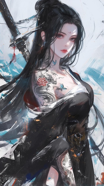 uma mulher com cabelo preto e um vestido preto está segurando um vestido negro com uma tatuagem na frente