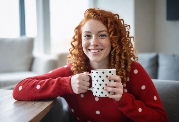 uma mulher com cabelo rizado vermelho está segurando uma caneca de café