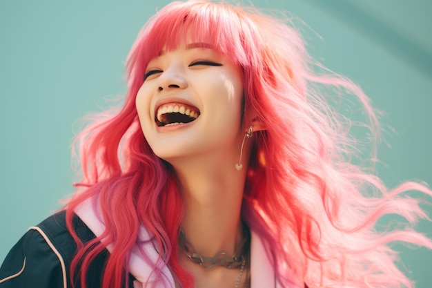 Foto uma mulher com cabelo rosa a rir e a sorrir