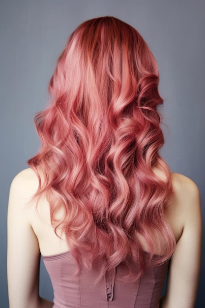 Uma mulher com cabelo rosa com um penteado longo