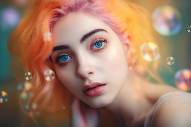 Uma mulher com cabelo rosa curto com fundo amarelo claro