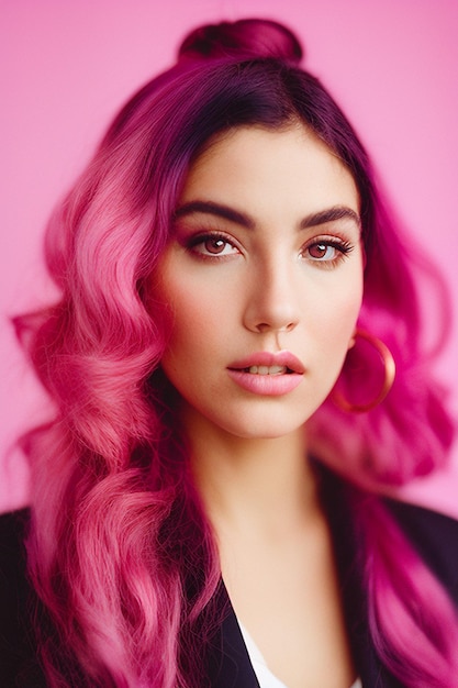 Uma mulher com cabelo rosa e batom rosa