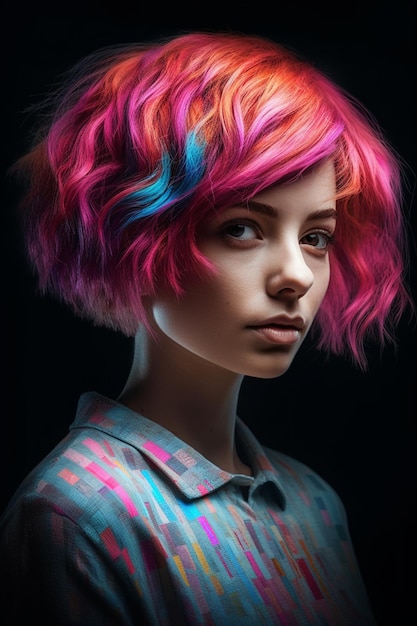 Uma mulher com cabelo rosa e cabelo azul e rosa